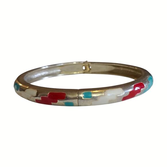Vintage Silver Tone Hinged Enamel Bracelet Aztec Pattern - Picture 3 of 8